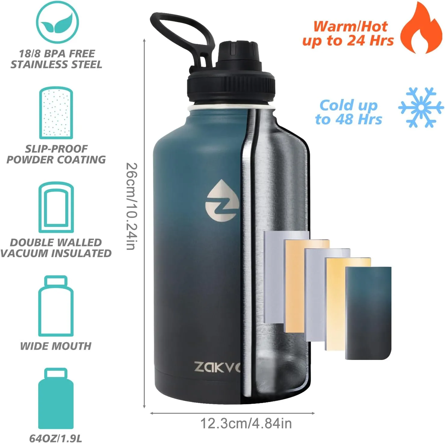 64 oz Insulated Water Bottle with Straws&3 Lids, Half Gallon Water Bottle Stainless Steel Double Walled, Big Water Jug with Paracord Handle, Large Metal Water Bottle for Gym