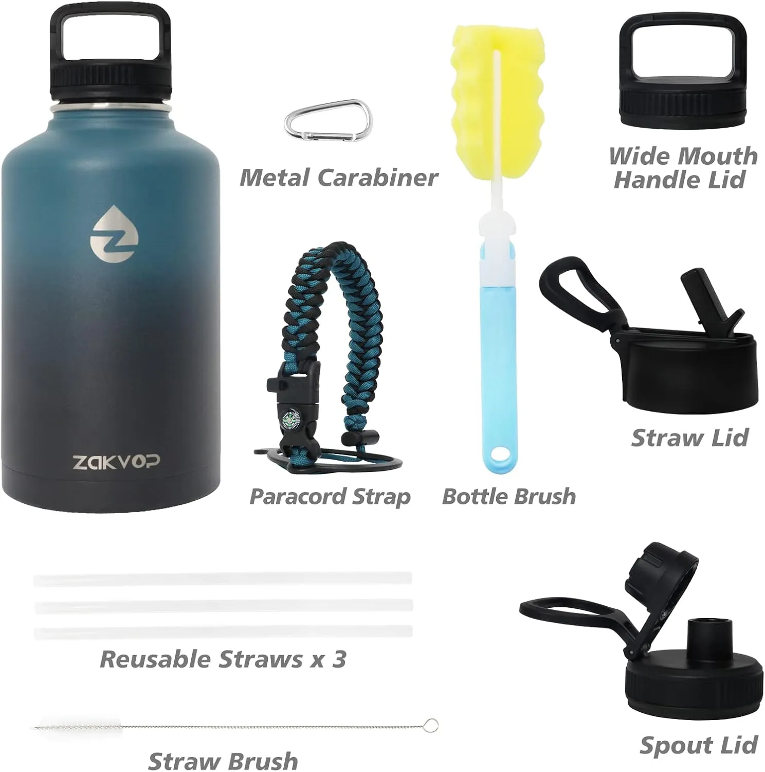 64 oz Insulated Water Bottle with Straws&3 Lids, Half Gallon Water Bottle Stainless Steel Double Walled, Big Water Jug with Paracord Handle, Large Metal Water Bottle for Gym