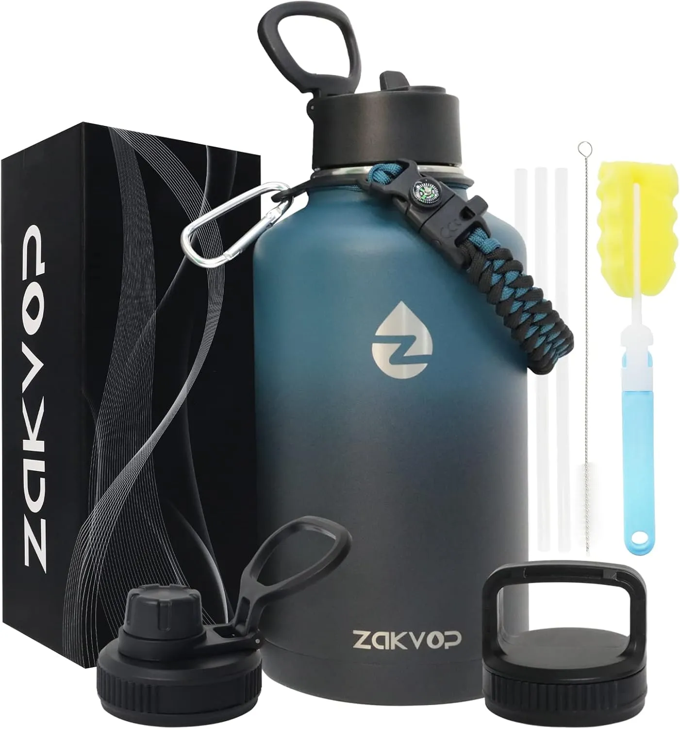 64 oz Insulated Water Bottle with Straws&3 Lids, Half Gallon Water Bottle Stainless Steel Double Walled, Big Water Jug with Paracord Handle, Large Metal Water Bottle for Gym