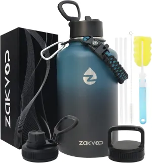 64 oz Insulated Water Bottle with Straws&3 Lids, Half Gallon Water Bottle Stainless Steel Double Walled, Big Water Jug with Paracord Handle, Large Metal Water Bottle for Gym