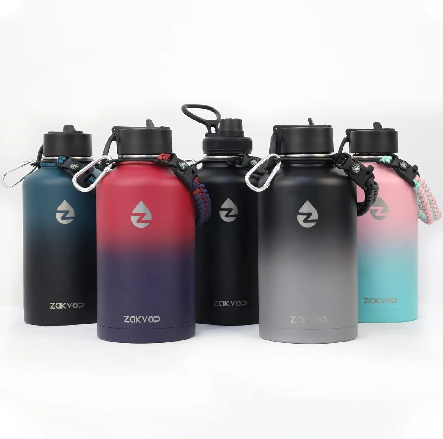 64 oz Insulated Water Bottle with Straws&3 Lids, Half Gallon Water Bottle Stainless Steel Double Walled, Big Water Jug with Paracord Handle, Large Metal Water Bottle for Gym