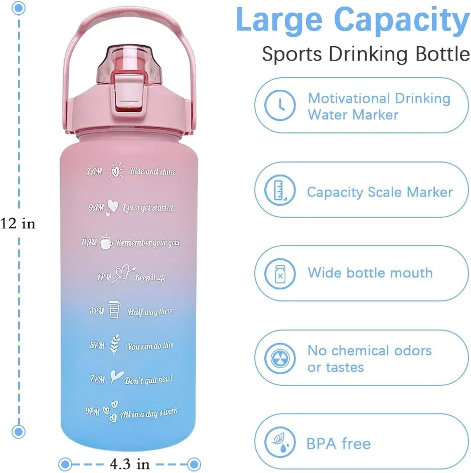 64 oz Large Capacity Water Bottle with Motivational Time Markers and Straw, Portable, Leakproof, BPA Free for Fitness, Gym and Outdoor Sports. (pink gradient)