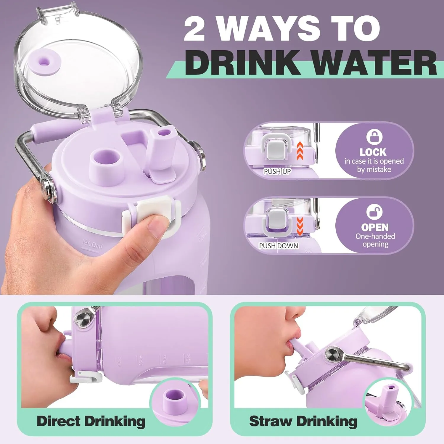 64oz Glass Water Bottle with Straw and Stainless Steel Handle, Motivational Half Gallon Bottle with Silicone Sleeve and Time Marker, Purple