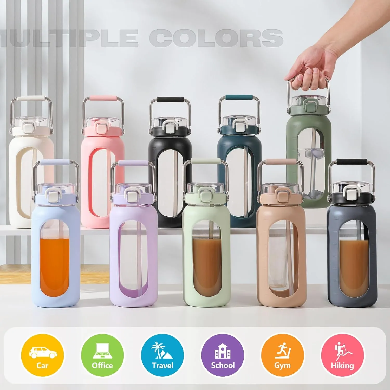 64oz Glass Water Bottle with Straw and Stainless Steel Handle, Motivational Half Gallon Bottle with Silicone Sleeve and Time Marker, Purple