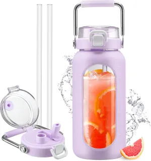 64oz Glass Water Bottle with Straw and Stainless Steel Handle, Motivational Half Gallon Bottle with Silicone Sleeve and Time Marker, Purple