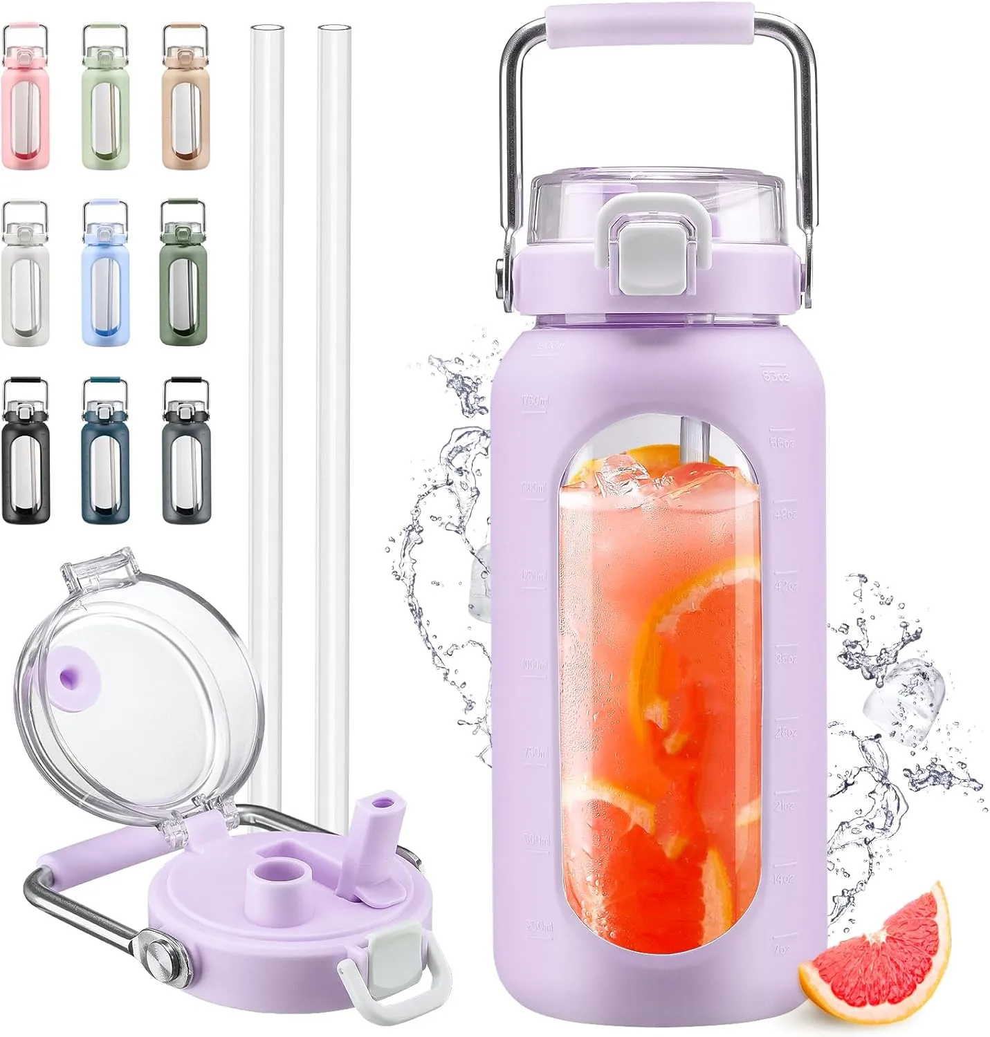 64oz Glass Water Bottle with Straw and Stainless Steel Handle, Motivational Half Gallon Bottle with Silicone Sleeve and Time Marker, Purple