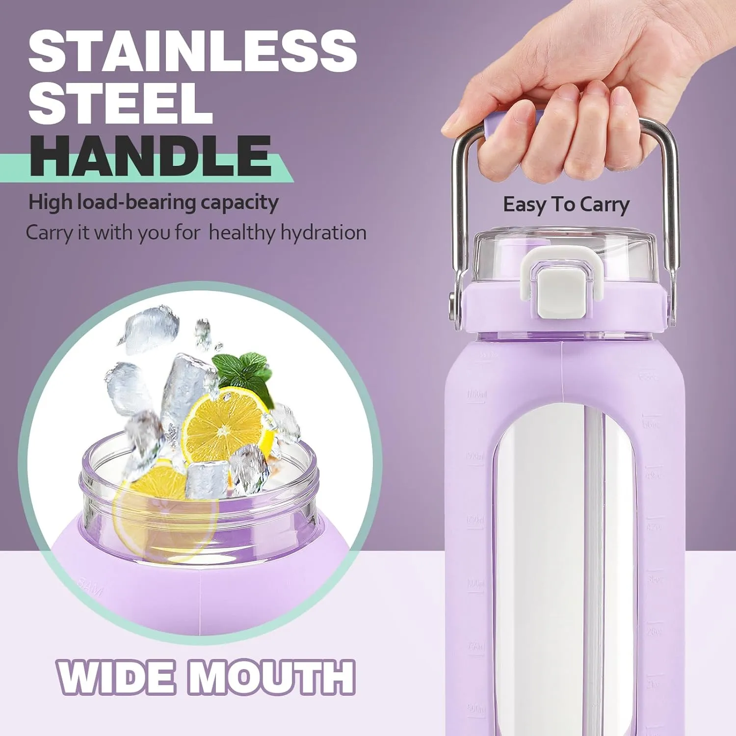 64oz Glass Water Bottle with Straw and Stainless Steel Handle, Motivational Half Gallon Bottle with Silicone Sleeve and Time Marker, Purple
