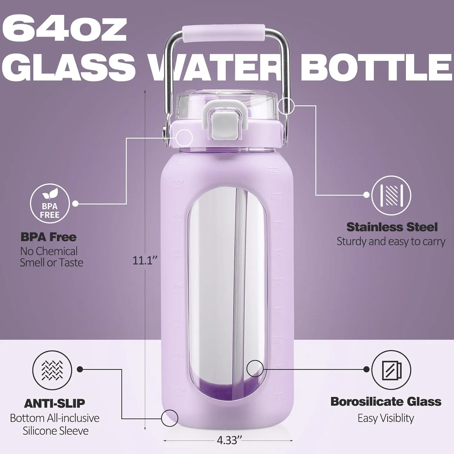 64oz Glass Water Bottle with Straw and Stainless Steel Handle, Motivational Half Gallon Bottle with Silicone Sleeve and Time Marker, Purple