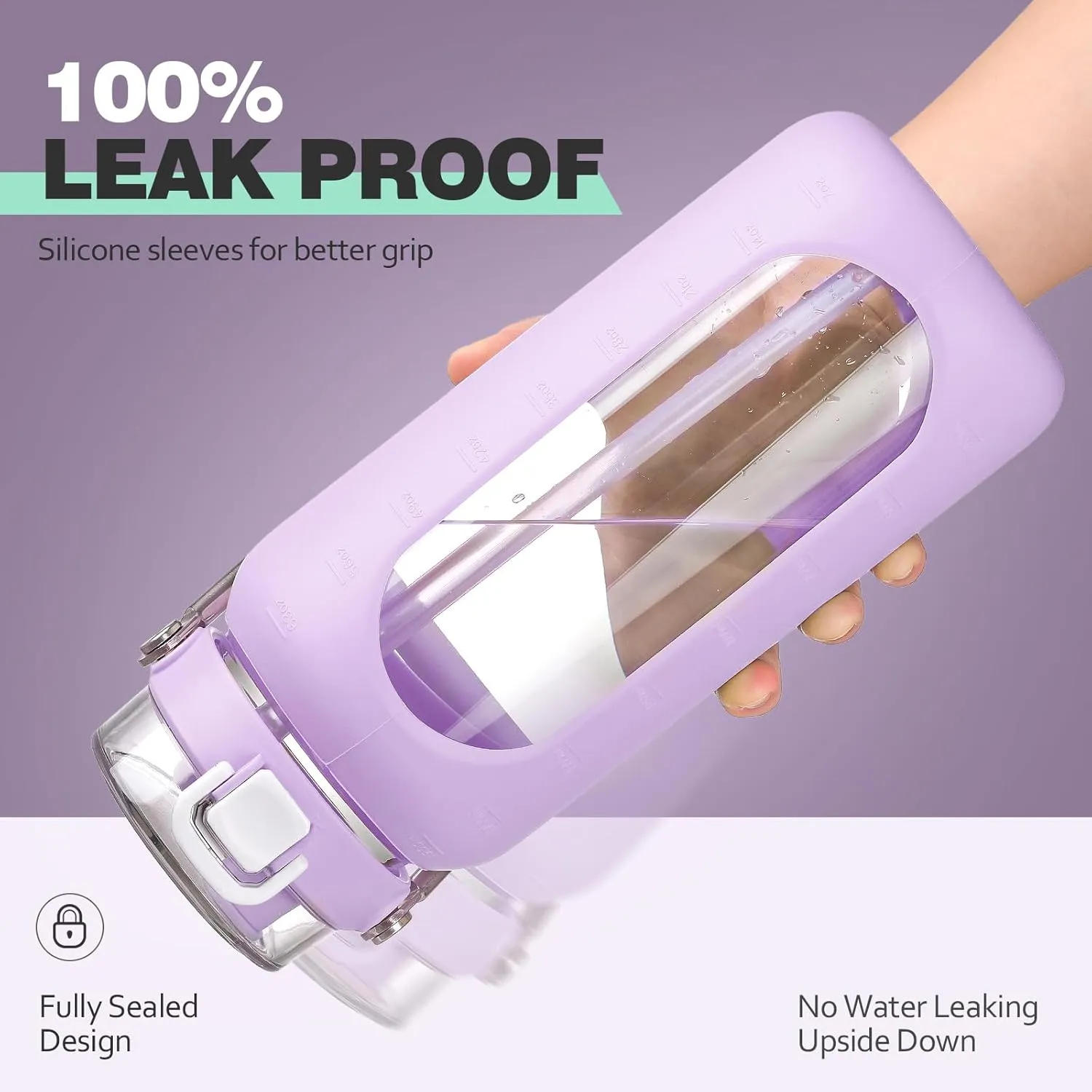 64oz Glass Water Bottle with Straw and Stainless Steel Handle, Motivational Half Gallon Bottle with Silicone Sleeve and Time Marker, Purple