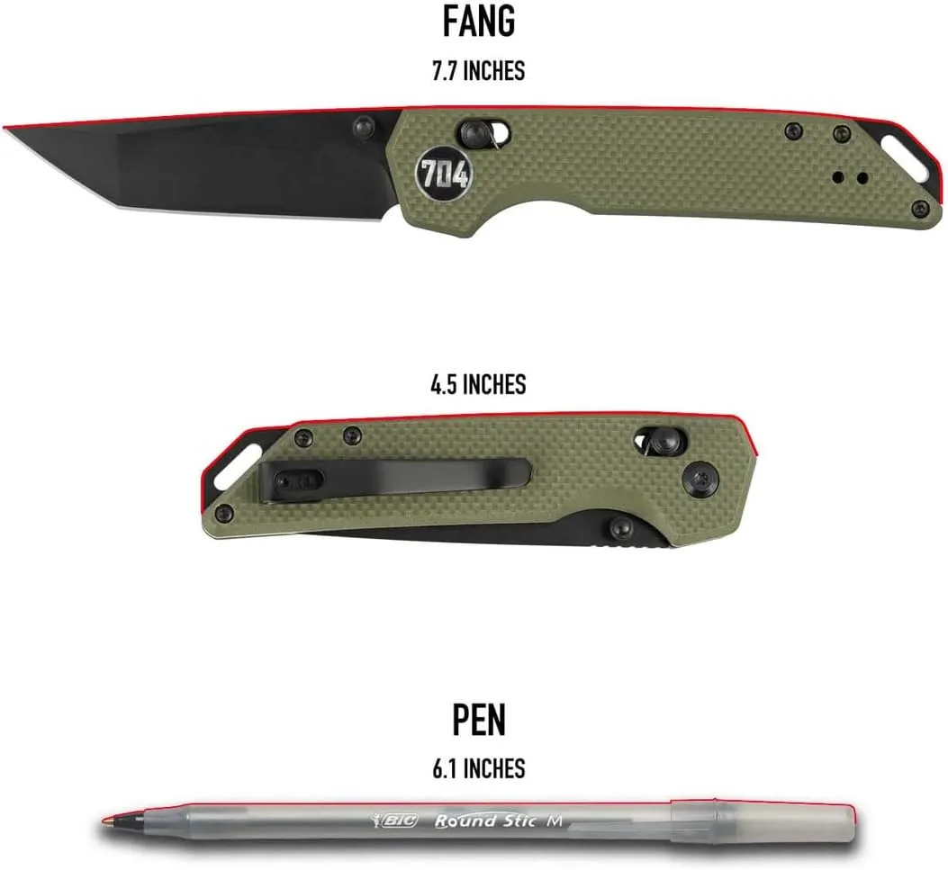 704 Gear Fang EDC Folding Pocket Knife | 3.22" Tanto Blade, D2 Steel, G10 Handle, Crossbar Lock, Reversible Pocket Clip | Black