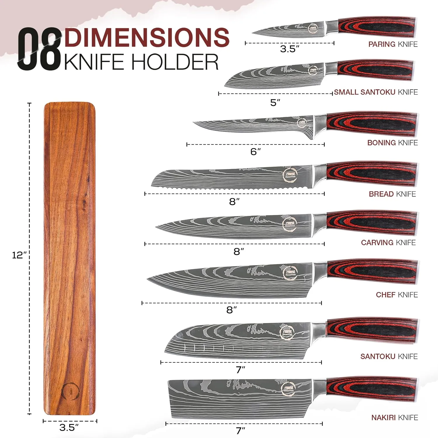 8 PC Chef Knives - High Carbon Stainless Steel Knives With Pakkawood Handles - Magnetic Strip Holder Included - Japanese Knife Set - Home & Professional Chef's Knife Set