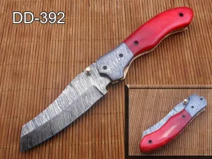 8" Tanto blade folding knife, Natural Ram horn scale, Hand forged Twist Pattern Damascus steel, Equipped with Thumb pin & liner lock, Cow hide Leather sheath included (Maroon)