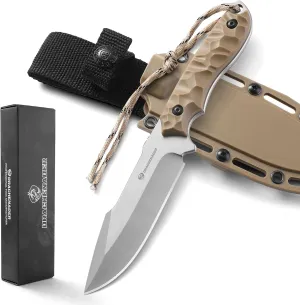 9.29" Fixed Blade Knife with Sheath B-ER-DROP POINT, 5Cr14MoV Steel Full Tang Tactical Knife for Men with ABS Handle,Khaki-Sliver