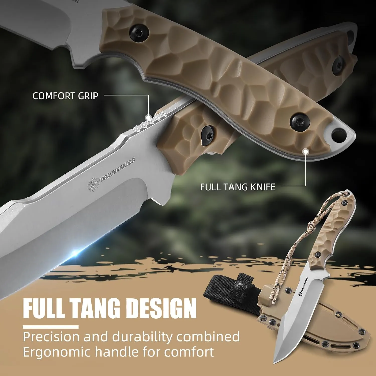 9.29" Fixed Blade Knife with Sheath B-ER-DROP POINT, 5Cr14MoV Steel Full Tang Tactical Knife for Men with ABS Handle,Khaki-Sliver