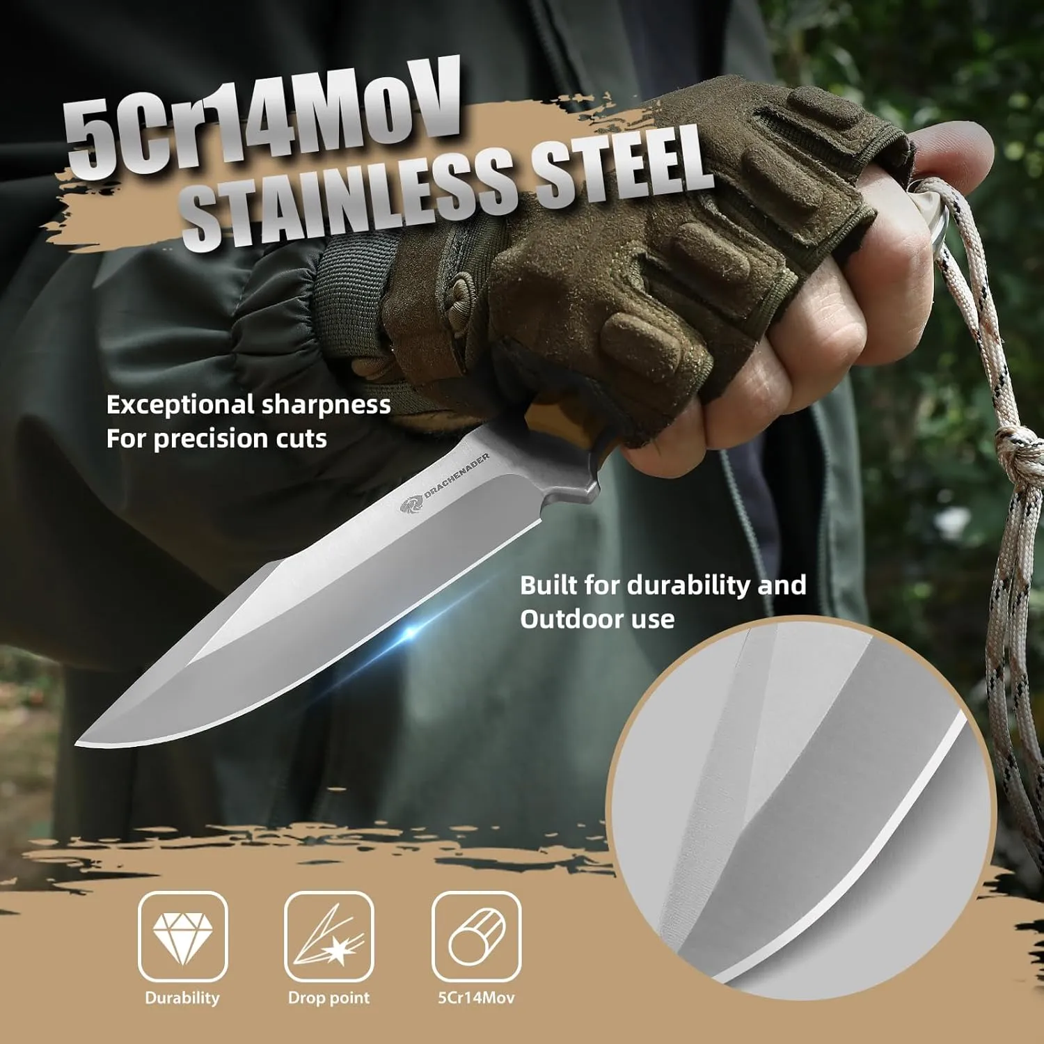 9.29" Fixed Blade Knife with Sheath B-ER-DROP POINT, 5Cr14MoV Steel Full Tang Tactical Knife for Men with ABS Handle,Khaki-Sliver
