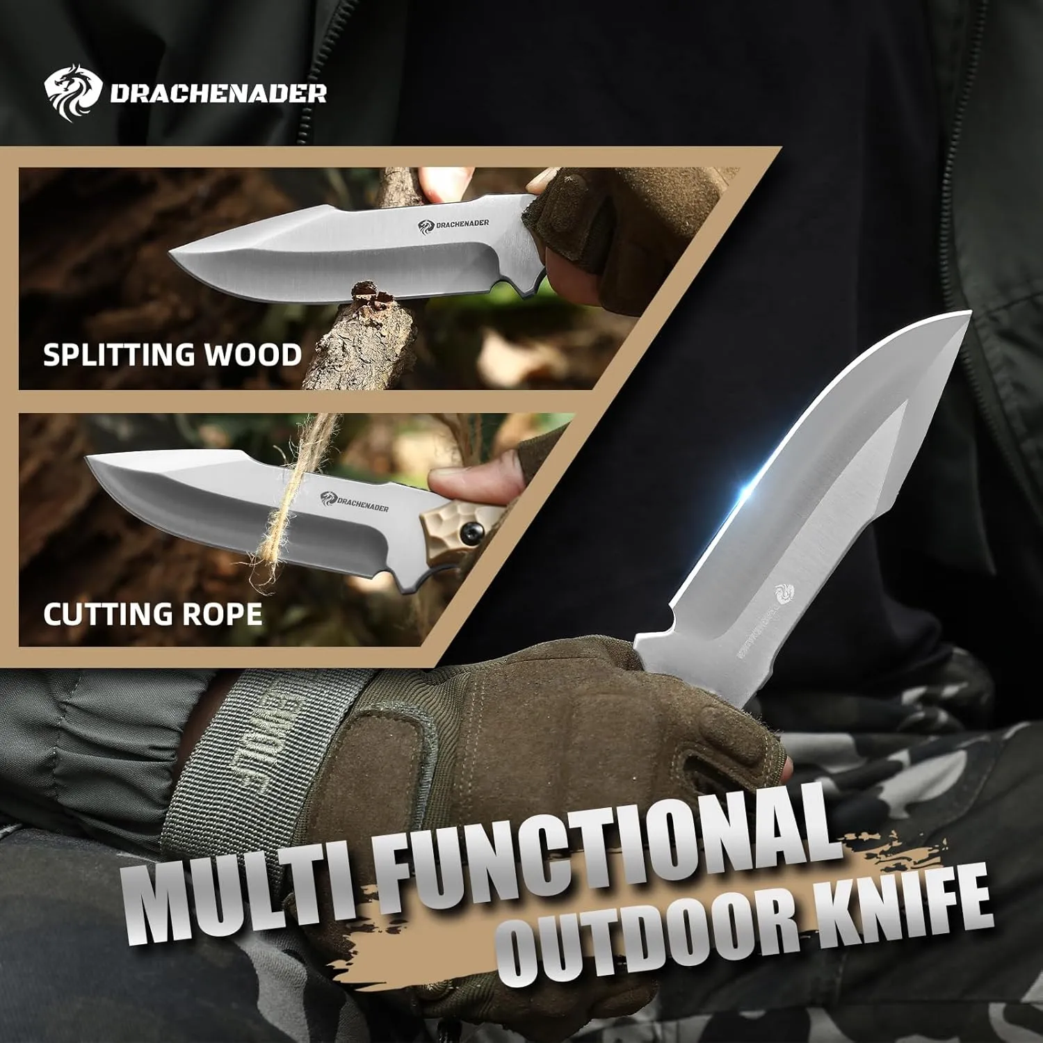 9.29" Fixed Blade Knife with Sheath B-ER-DROP POINT, 5Cr14MoV Steel Full Tang Tactical Knife for Men with ABS Handle,Khaki-Sliver
