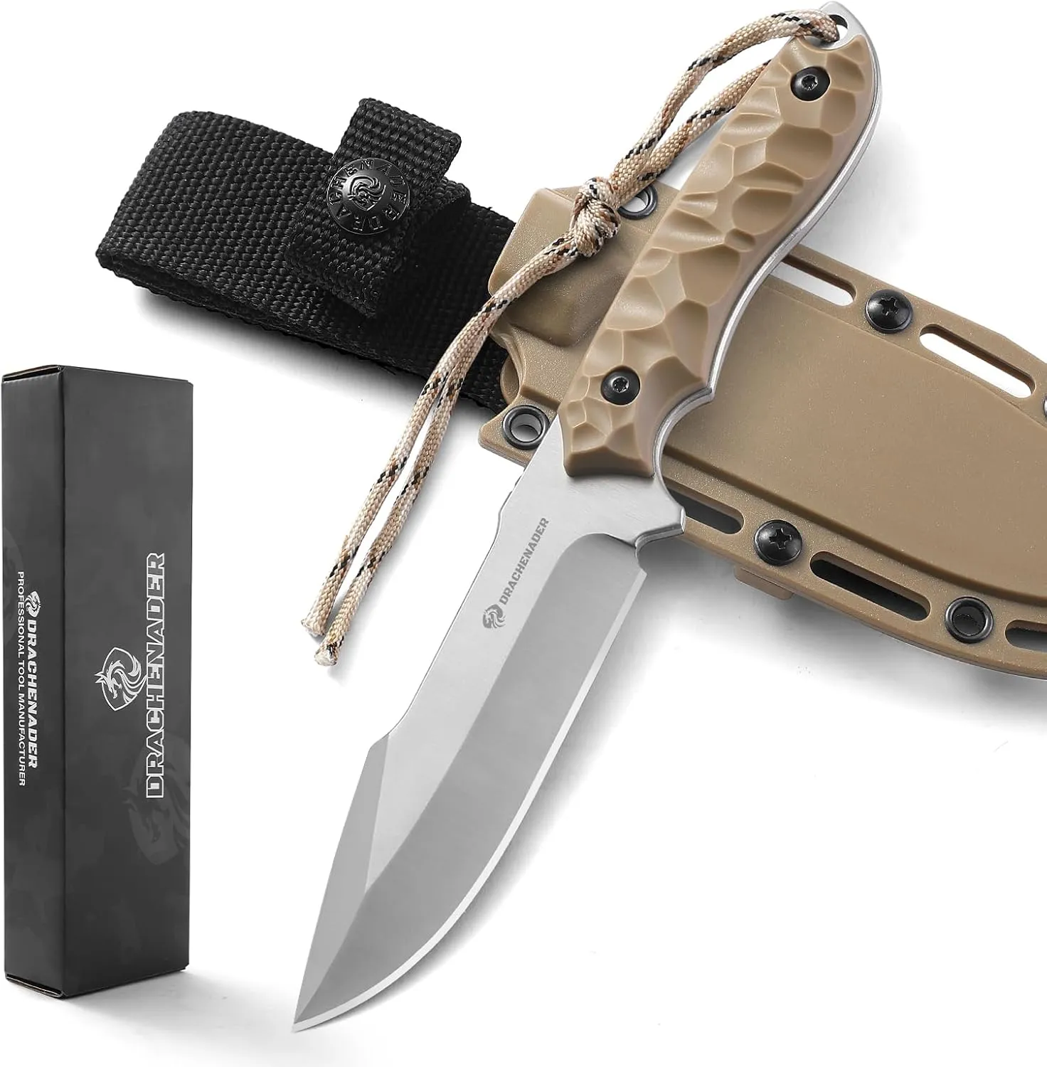 9.29" Fixed Blade Knife with Sheath B-ER-DROP POINT, 5Cr14MoV Steel Full Tang Tactical Knife for Men with ABS Handle,Khaki-Sliver