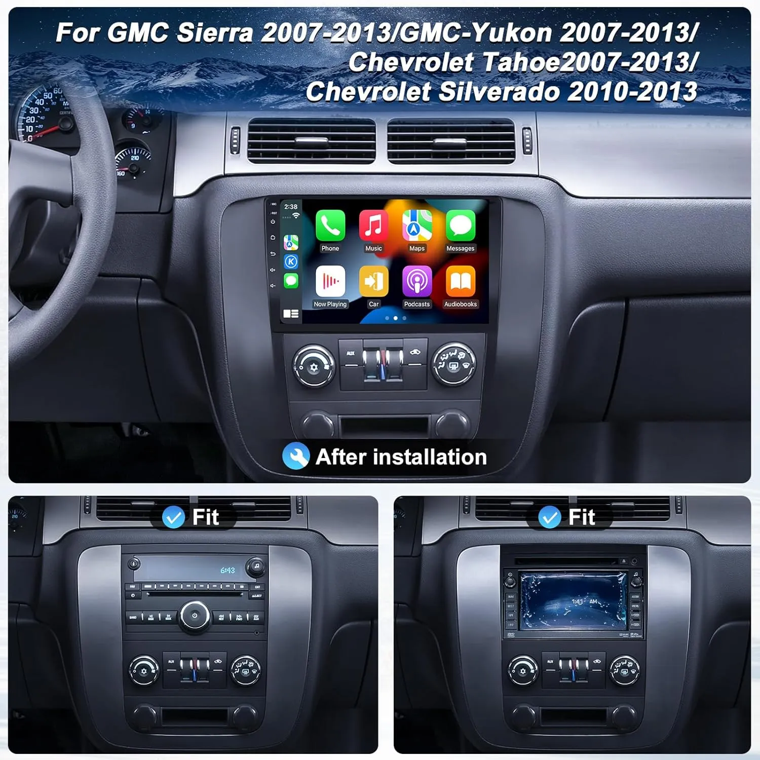 9''Car Stereo Radio for GMC Sierra/Yukon2007-2013,Chevy Tahoe2007-2013/Chevy Silverado2010-013,Car Head Unit with Backup Camera,Touchscreen with Carplay Android Auto, Fm/Am,Bluetooth, GPS