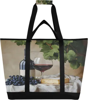 A Bottle of Red Wine Reusable Insulated Cooler Bag with Ice Pack Compartment - Large 47L Waterproof Thermal Grocery Tote for Picnic Beach Camping Lunch Storage