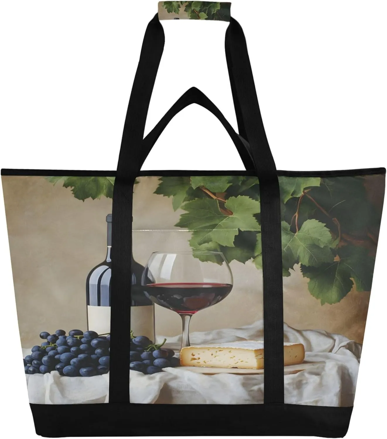 A Bottle of Red Wine Reusable Insulated Cooler Bag with Ice Pack Compartment - Large 47L Waterproof Thermal Grocery Tote for Picnic Beach Camping Lunch Storage
