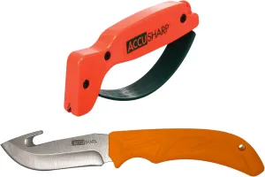 ACCUSHARP Blaze Orange Knife Sharpener & Gut Hook Knife for Hunting Bundle, Ergonomic Handle, Easy to Use, Restores Straight & Serrated Knives, Stainless Steel Blade with Sheath