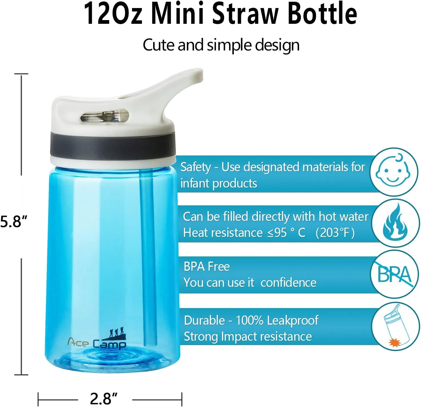 AceCamp 12oz Small Water Bottle 2 Pack with Straw for Kids and Adults BPA Free Tritan Sports Fitness Bottle Leak-Proof Durable Blue 2pcs