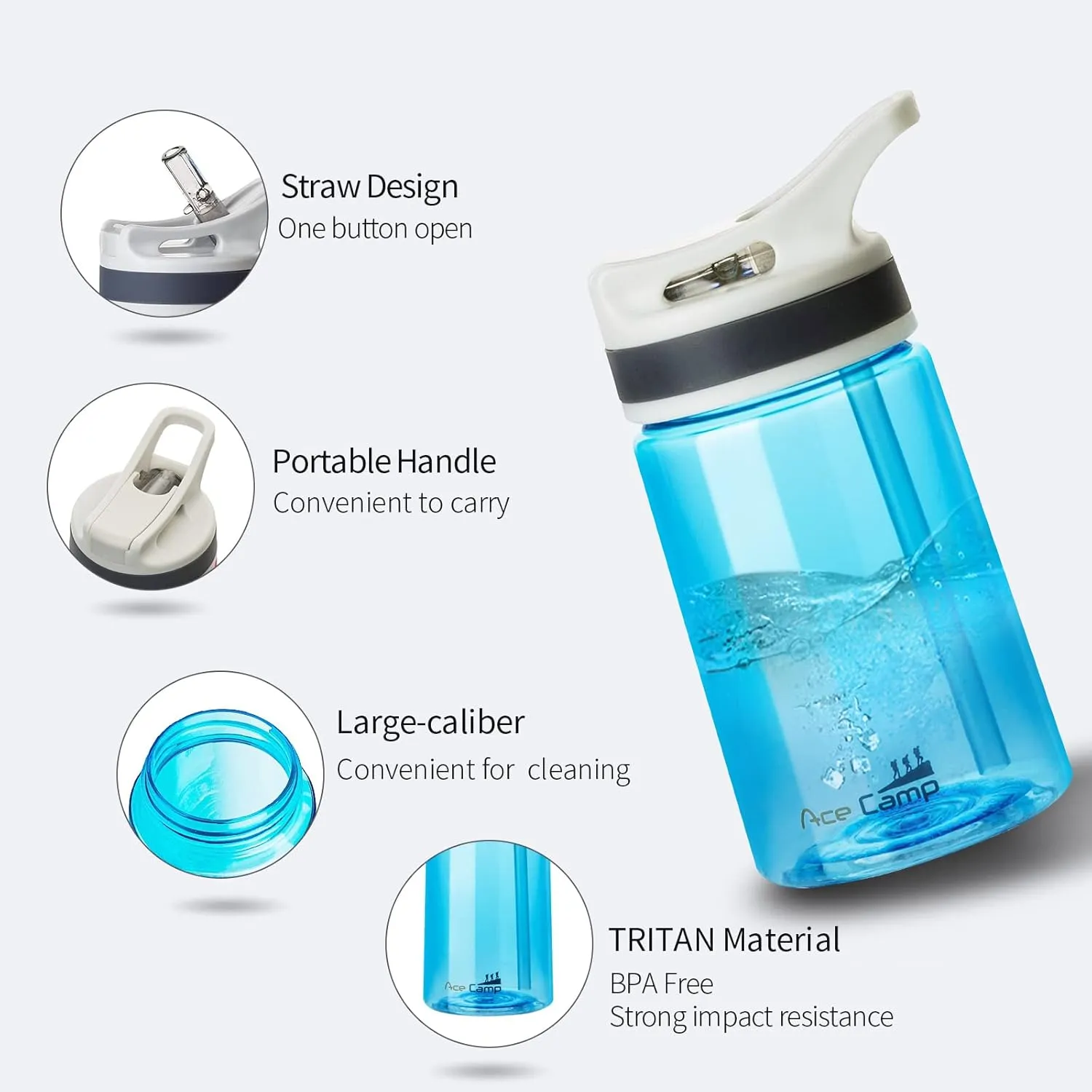 AceCamp 12oz Small Water Bottle 2 Pack with Straw for Kids and Adults BPA Free Tritan Sports Fitness Bottle Leak-Proof Durable Blue 2pcs
