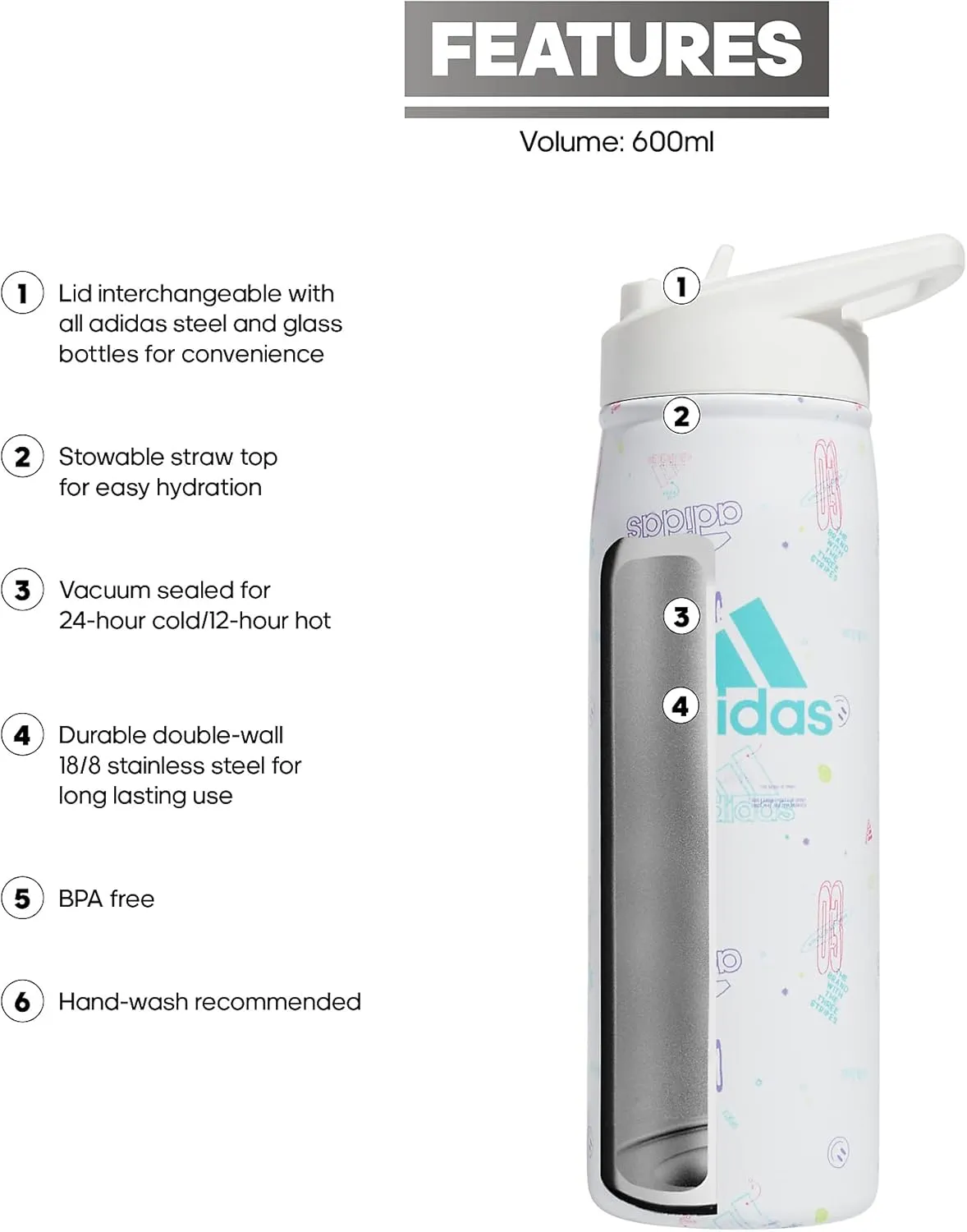 adidas 600 ML (20 oz) Straw Top Metal Water Bottle, Hot/Cold Double-Walled Insulated 18/8 Stainless Steel
