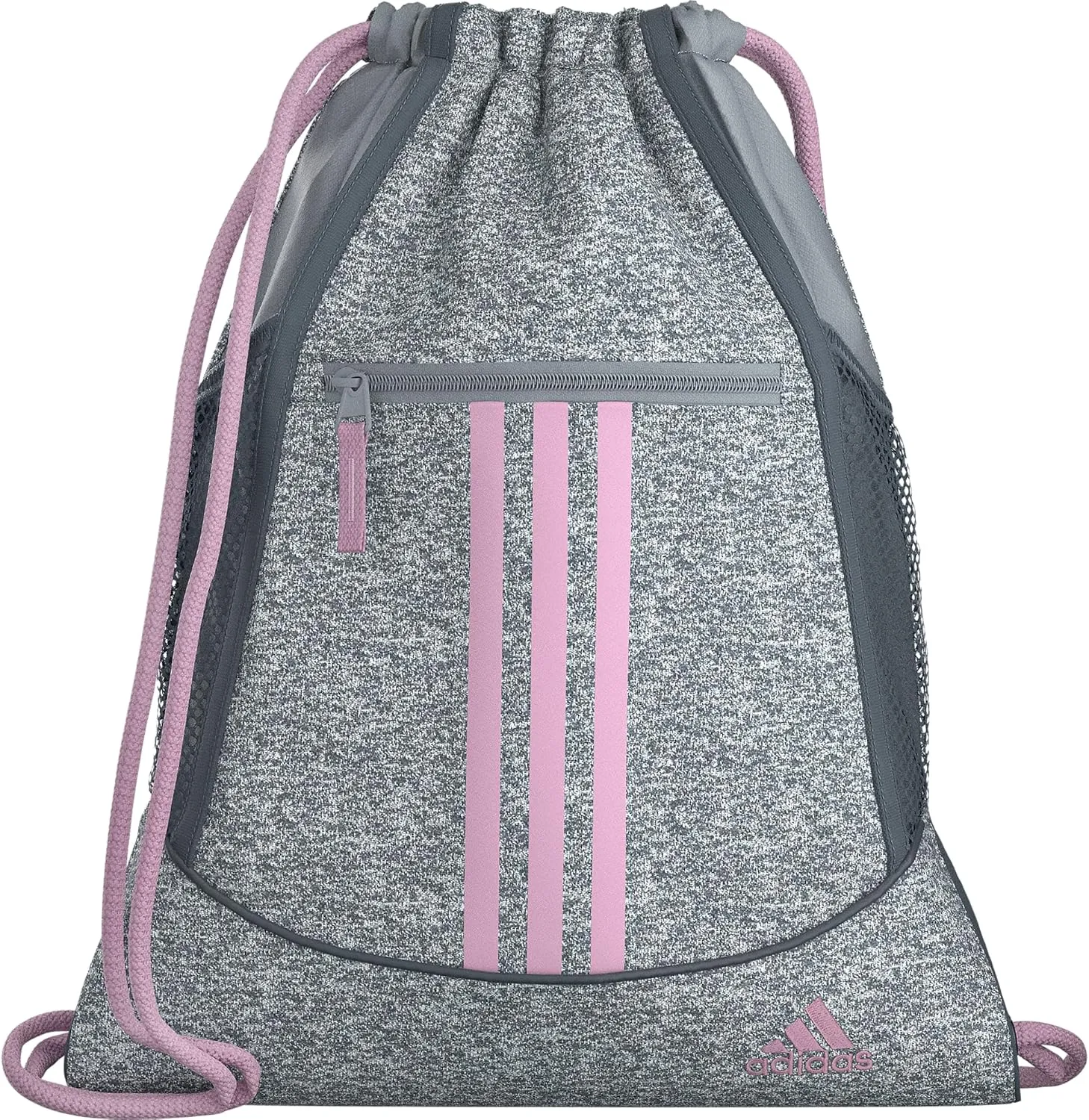 adidas Alliance Sackpack (12L) Lightweight Athletic Small Drawstring Team Sports Workout Bag Discontinued, Jersey Grey/Clear Pink/Grey, One Size