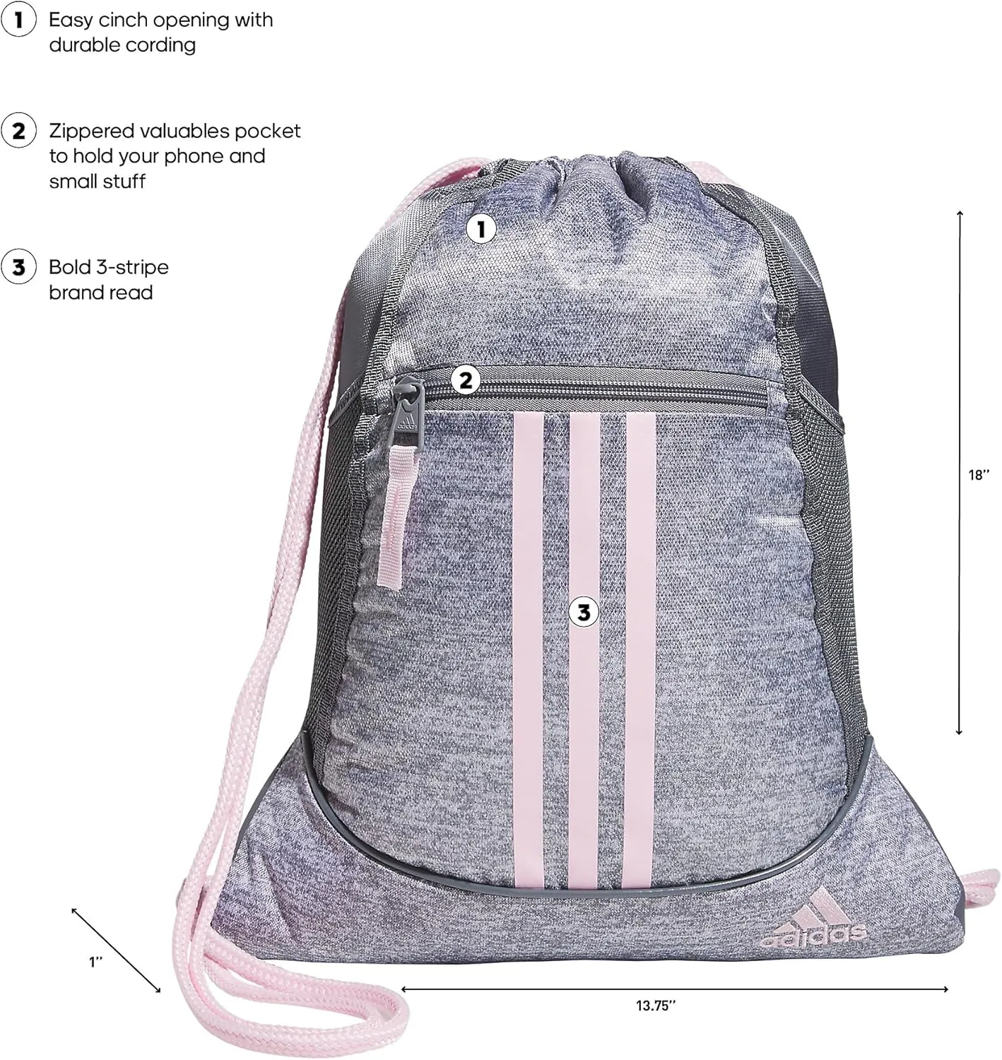 adidas Alliance Sackpack (12L) Lightweight Athletic Small Drawstring Team Sports Workout Bag Discontinued, Jersey Grey/Clear Pink/Grey, One Size