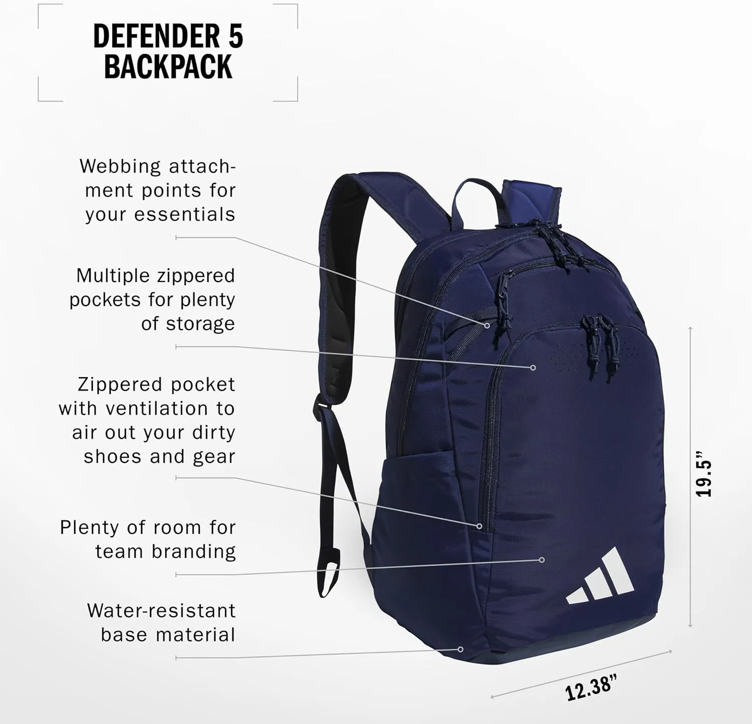 adidas Defender 5 Team Sports Backpack (33L) Durable Large Athletic Gym Laptop Travel Bag, Navy Blue, One Size