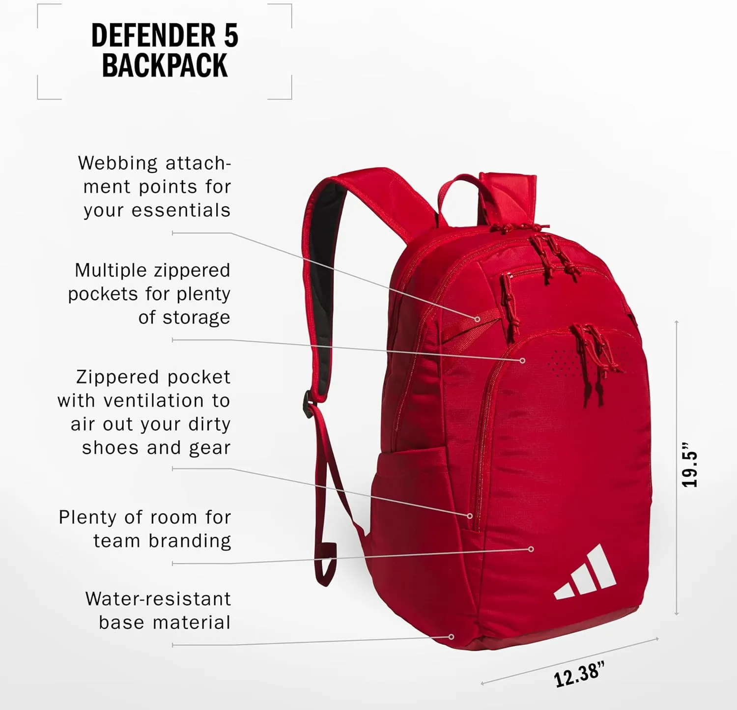 adidas Defender 5 Team Sports Backpack (33L) Durable Large Athletic Gym Laptop Travel Bag, Power Red/White, One Size
