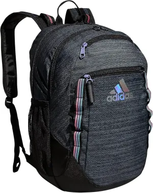 adidas Excel Backpack Durable Large Athletic Student Laptop Book Bag for Boys/Girls Discontinued, Two Tone Black/Snowglobe with Mutli Stripe Webbing, One Size