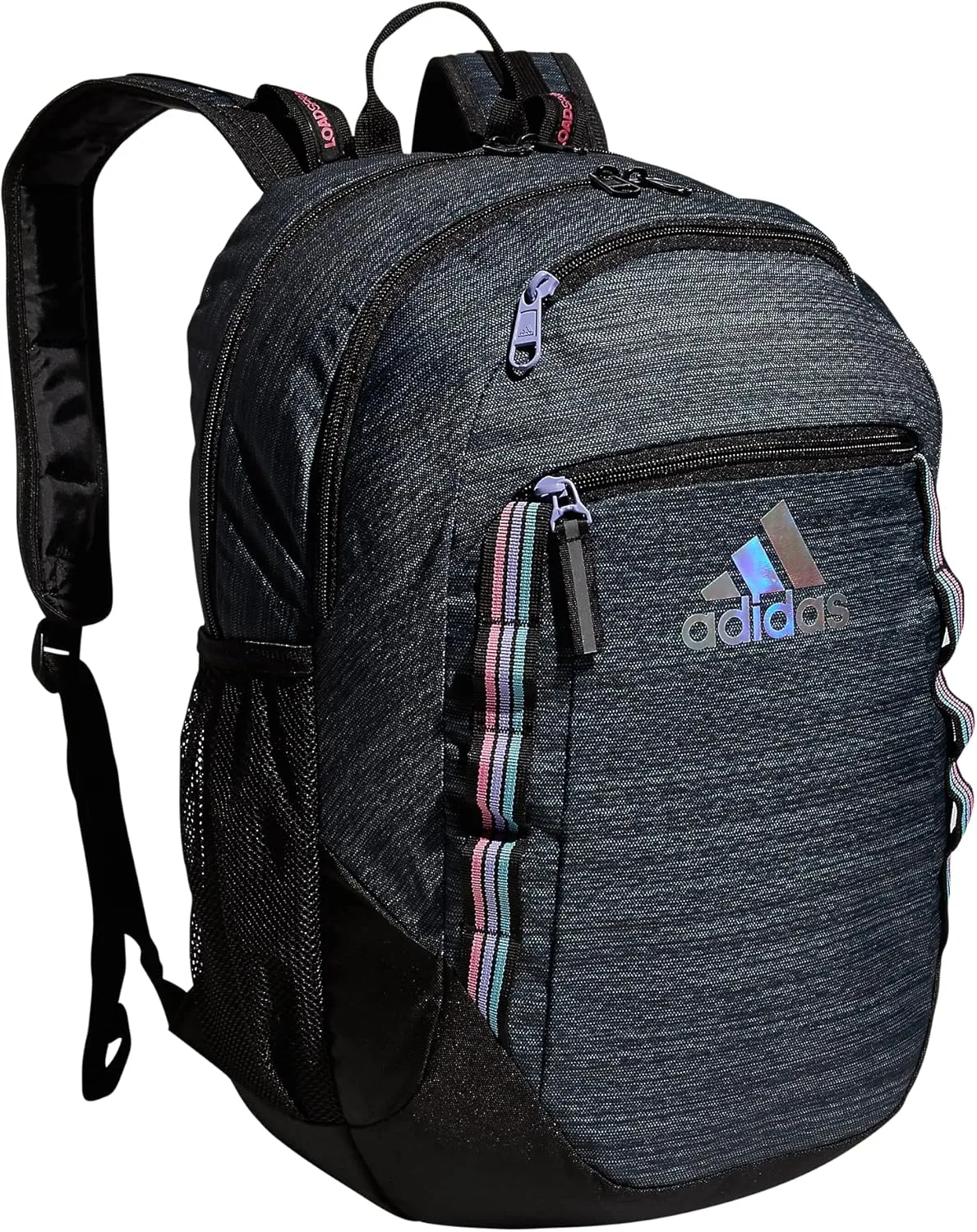 adidas Excel Backpack Durable Large Athletic Student Laptop Book Bag for Boys/Girls Discontinued, Two Tone Black/Snowglobe with Mutli Stripe Webbing, One Size