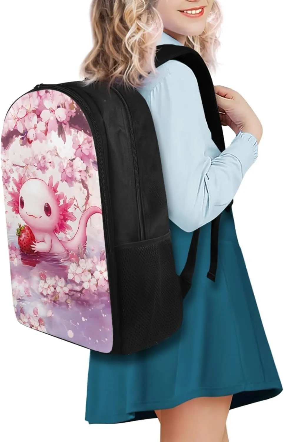 Adorable Axolotlt Backpack for Girls 6-8, Cute Backpack with Lunch Box for Girls Back to School Pencil Case and Water Bottle Holder 4 PCS Set Kawaii Study Supplies for Camping Picnic