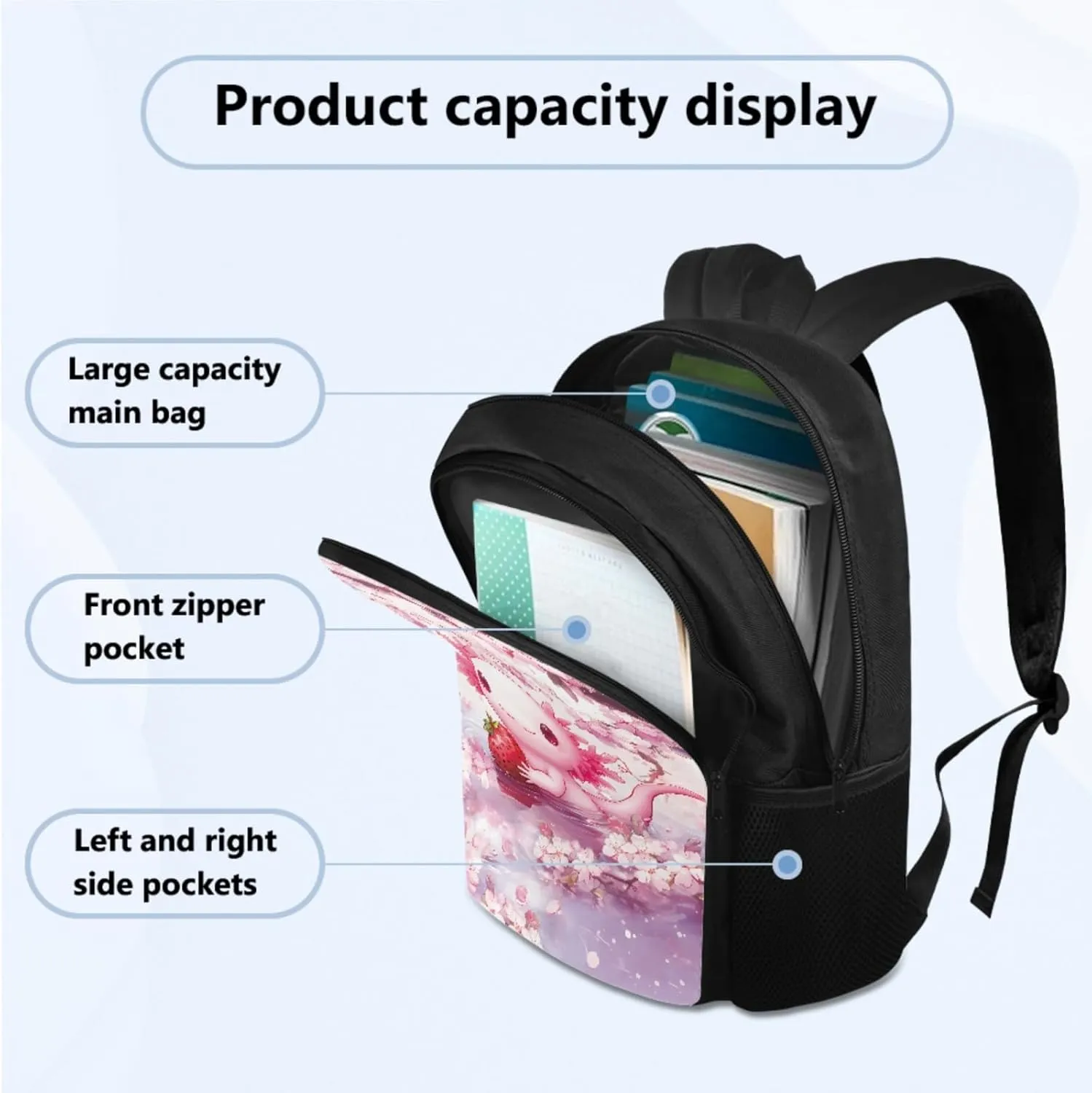 Adorable Axolotlt Backpack for Girls 6-8, Cute Backpack with Lunch Box for Girls Back to School Pencil Case and Water Bottle Holder 4 PCS Set Kawaii Study Supplies for Camping Picnic