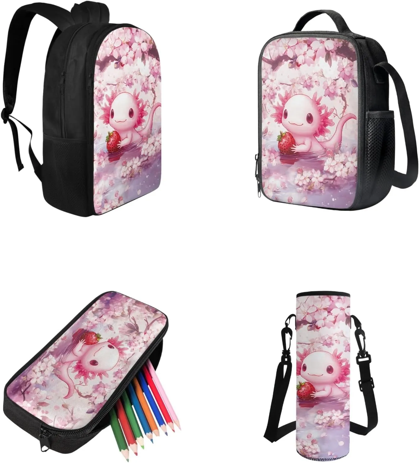 Adorable Axolotlt Backpack for Girls 6-8, Cute Backpack with Lunch Box for Girls Back to School Pencil Case and Water Bottle Holder 4 PCS Set Kawaii Study Supplies for Camping Picnic