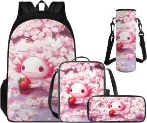 Adorable Axolotlt Backpack for Girls 6-8, Cute Backpack with Lunch Box for Girls Back to School Pencil Case and Water Bottle Holder 4 PCS Set Kawaii Study Supplies for Camping Picnic