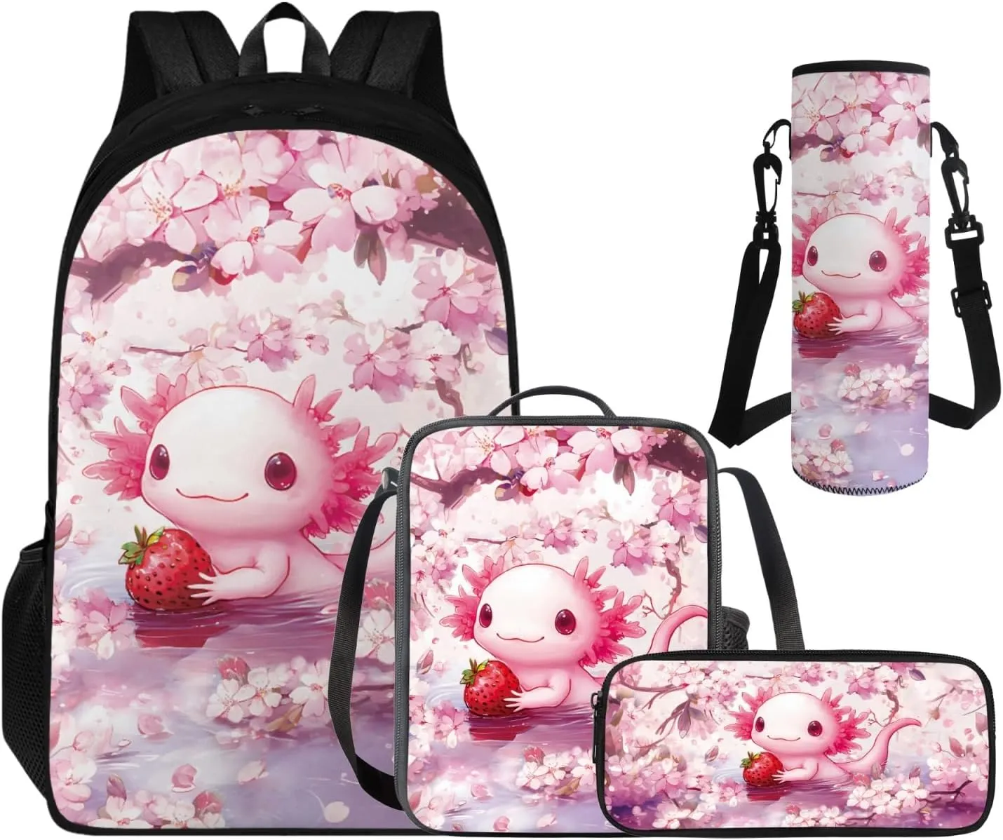 Adorable Axolotlt Backpack for Girls 6-8, Cute Backpack with Lunch Box for Girls Back to School Pencil Case and Water Bottle Holder 4 PCS Set Kawaii Study Supplies for Camping Picnic