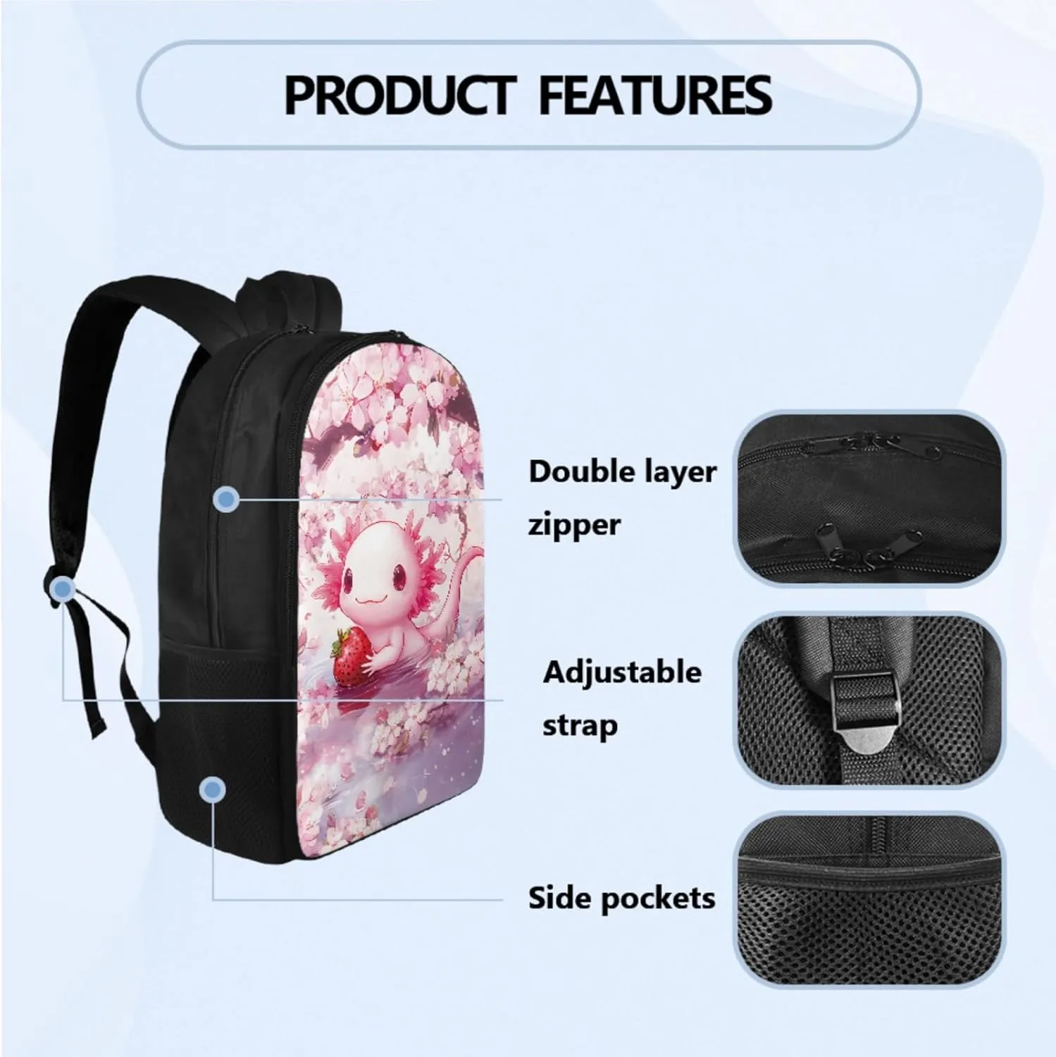 Adorable Axolotlt Backpack for Girls 6-8, Cute Backpack with Lunch Box for Girls Back to School Pencil Case and Water Bottle Holder 4 PCS Set Kawaii Study Supplies for Camping Picnic