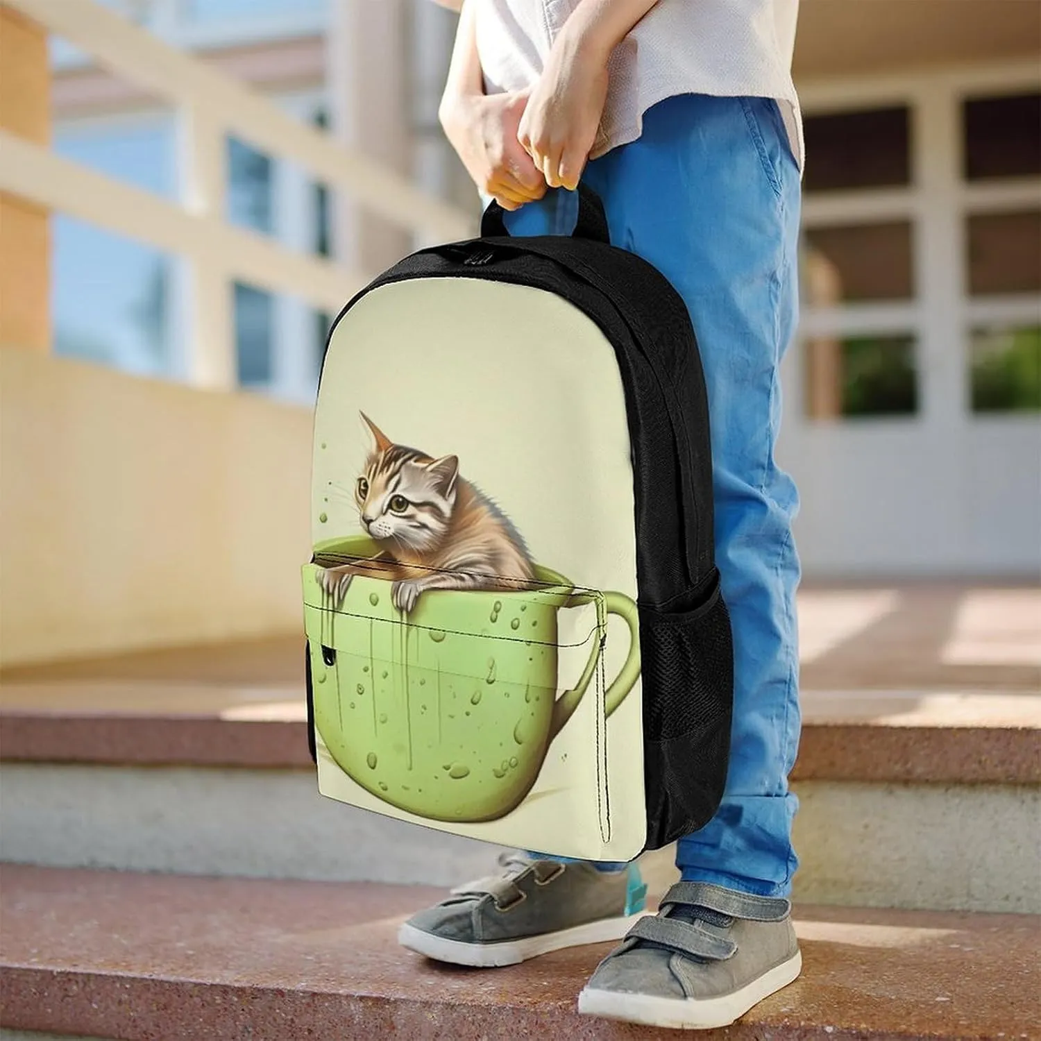 Adorable Cat And Coffee Art Daypack Backpack Polyester Multipurpose Anti-Theft Shoulder Bag Big Capacity Gym Outdoor Hiking Backpack With Smooth Zippers
