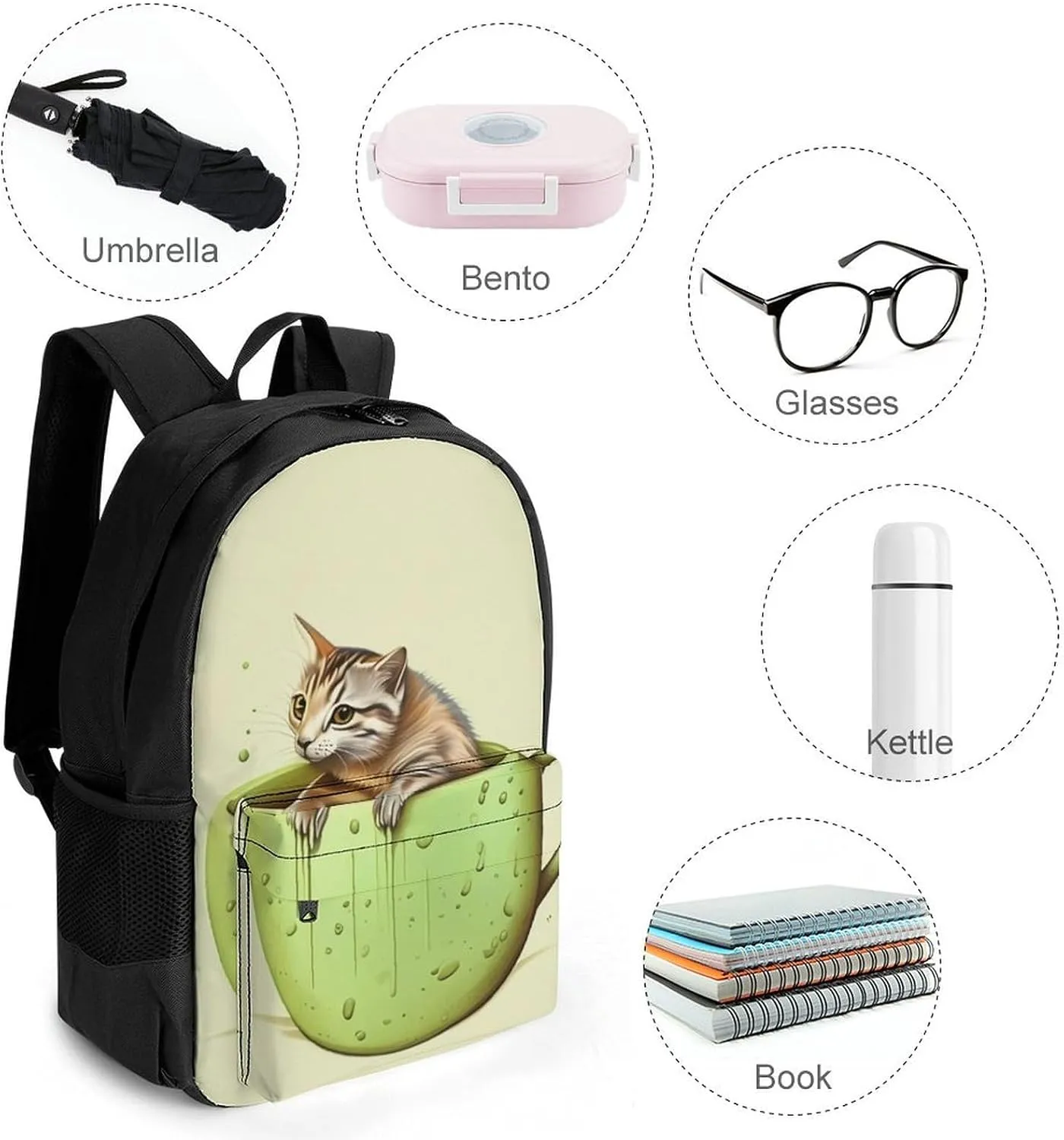 Adorable Cat And Coffee Art Daypack Backpack Polyester Multipurpose Anti-Theft Shoulder Bag Big Capacity Gym Outdoor Hiking Backpack With Smooth Zippers