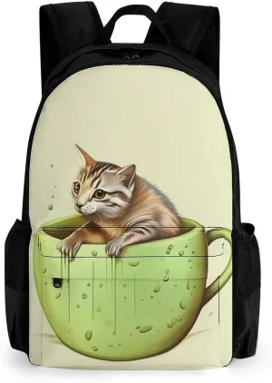 Adorable Cat And Coffee Art Daypack Backpack Polyester Multipurpose Anti-Theft Shoulder Bag Big Capacity Gym Outdoor Hiking Backpack With Smooth Zippers