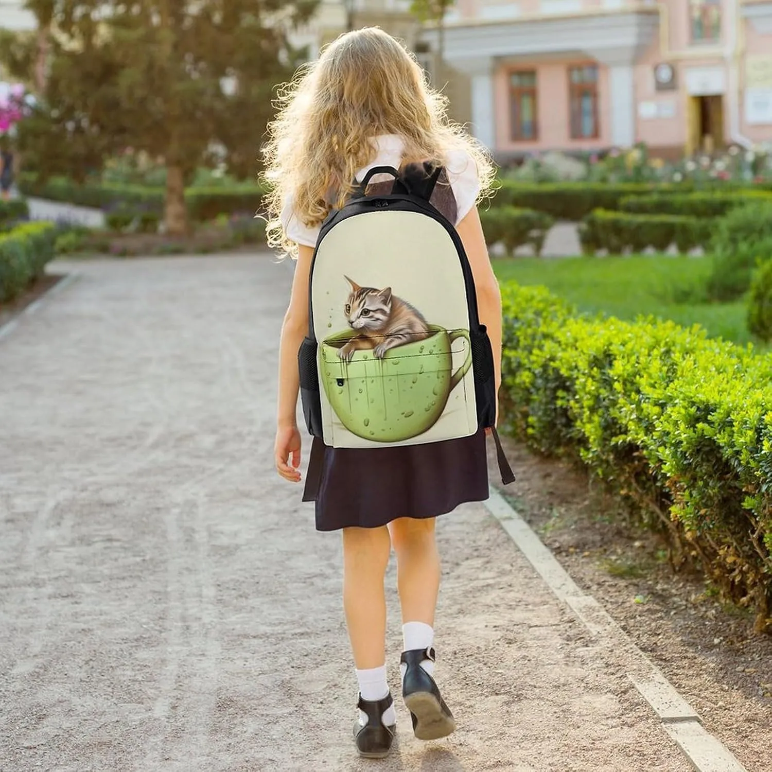 Adorable Cat And Coffee Art Daypack Backpack Polyester Multipurpose Anti-Theft Shoulder Bag Big Capacity Gym Outdoor Hiking Backpack With Smooth Zippers