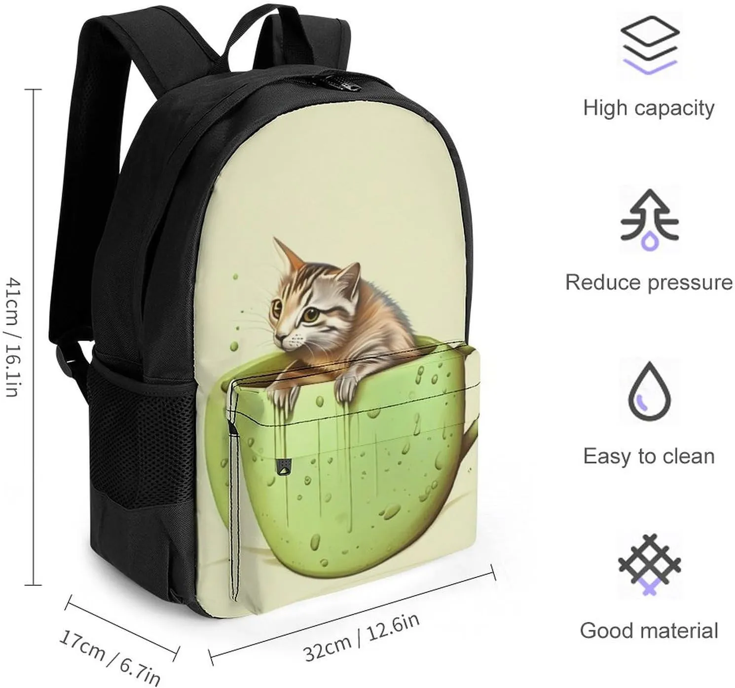 Adorable Cat And Coffee Art Daypack Backpack Polyester Multipurpose Anti-Theft Shoulder Bag Big Capacity Gym Outdoor Hiking Backpack With Smooth Zippers