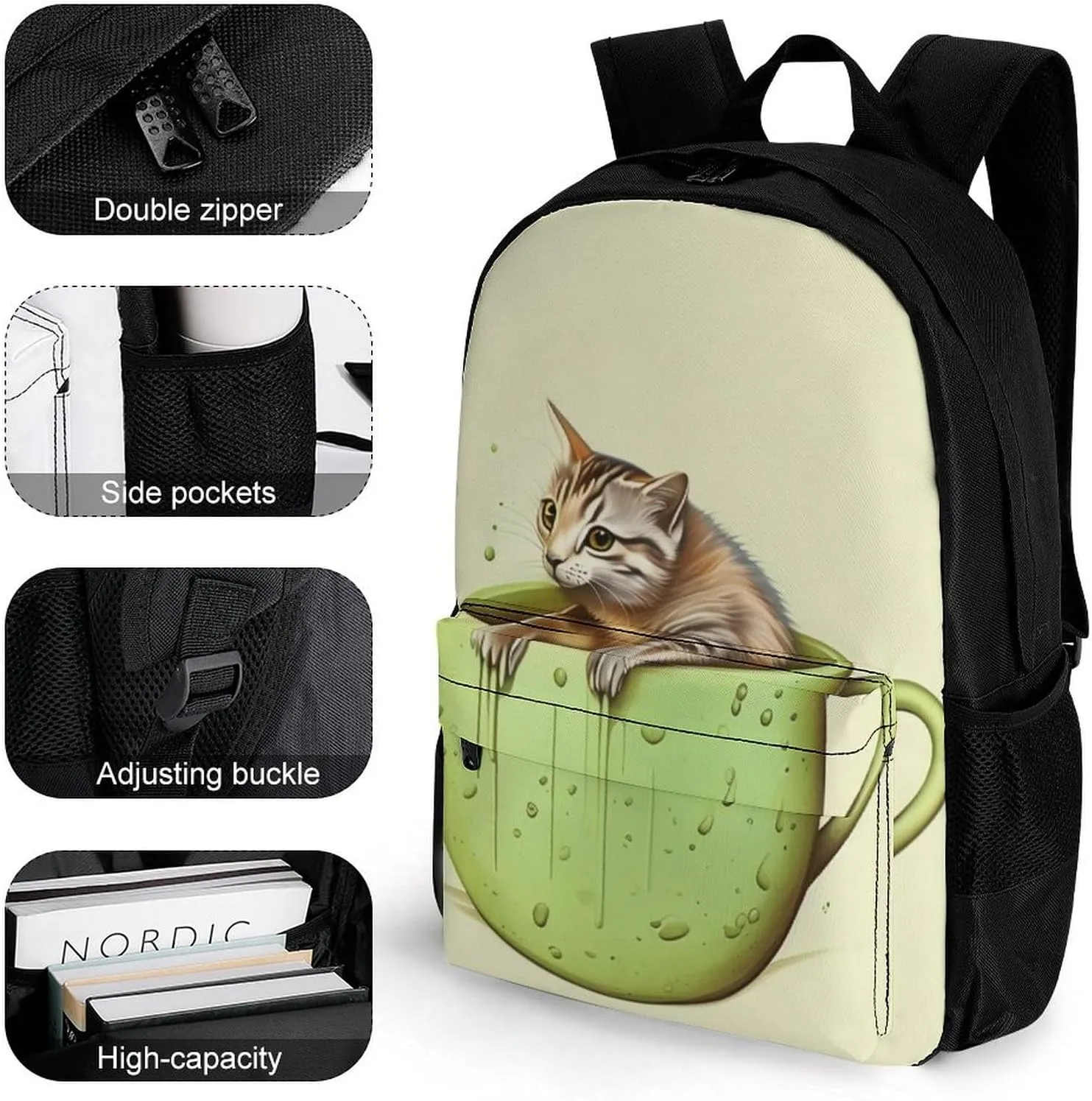 Adorable Cat And Coffee Art Daypack Backpack Polyester Multipurpose Anti-Theft Shoulder Bag Big Capacity Gym Outdoor Hiking Backpack With Smooth Zippers