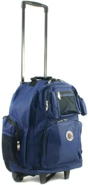 African Artifacts Carry-On Rolling Backpack - Navy - Durable Polyester Construction, Front Organizer, in-Line Skate Wheels, Retractable Handle, Padded Shoulder Straps