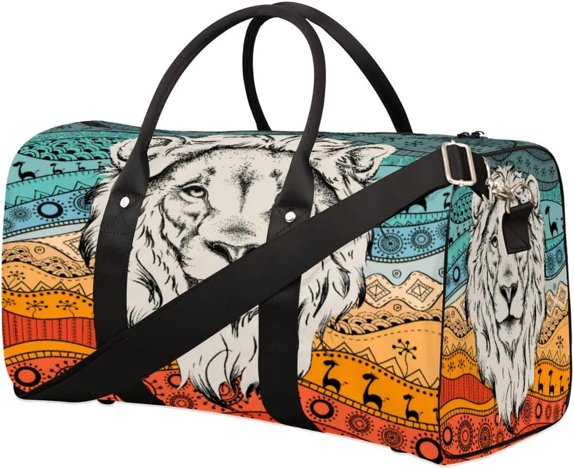 African Lion Ethnic Motifs Travel Duffle Bag for Men Women Large Overnight Weekender Bag Lightweight Duffel Bag Sports Gym Bag Foldable Carry on Luggage Bag
