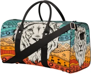 African Lion Ethnic Motifs Travel Duffle Bag for Men Women Large Overnight Weekender Bag Lightweight Duffel Bag Sports Gym Bag Foldable Carry on Luggage Bag