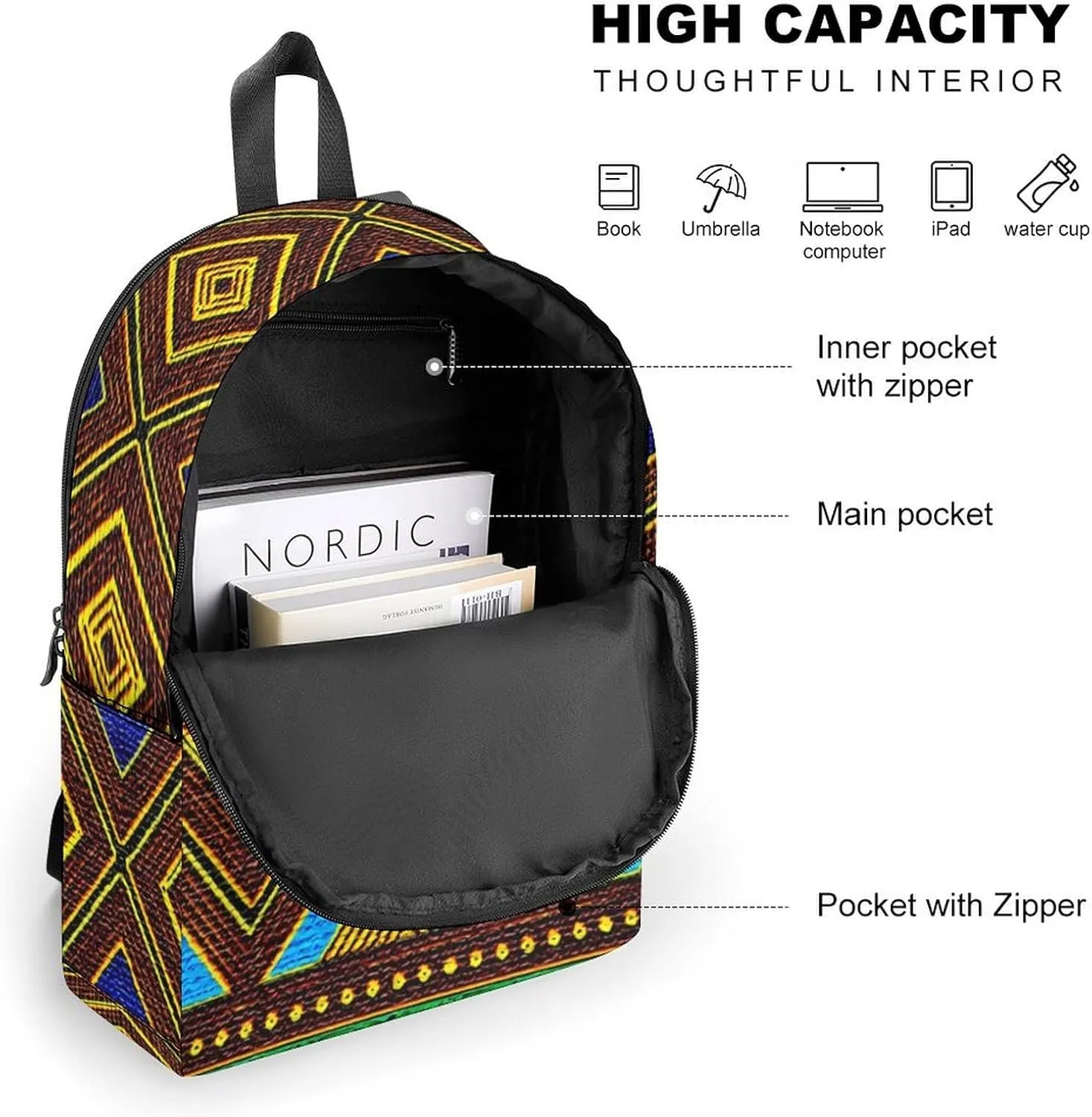 Afrocentric Tribal Motif Durable And Stylish Semi Full Print Backpack